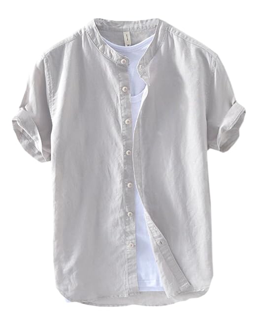 PengGengA Herren Kurzarm Einfarbig Leinen Hemd Kragenloses Hemd T Shirt Freizeit Hemden