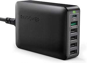 USB C Charger, RAVPower 60W 6-Port Desktop USB Charging Station with 30W Power Delivery, 18W QC3.0, iSmart Multiple Port for MacBook Air, iPhone 12 11 Pro Max XS X, iPad Pro Air Mini, Galaxy S20 S20+