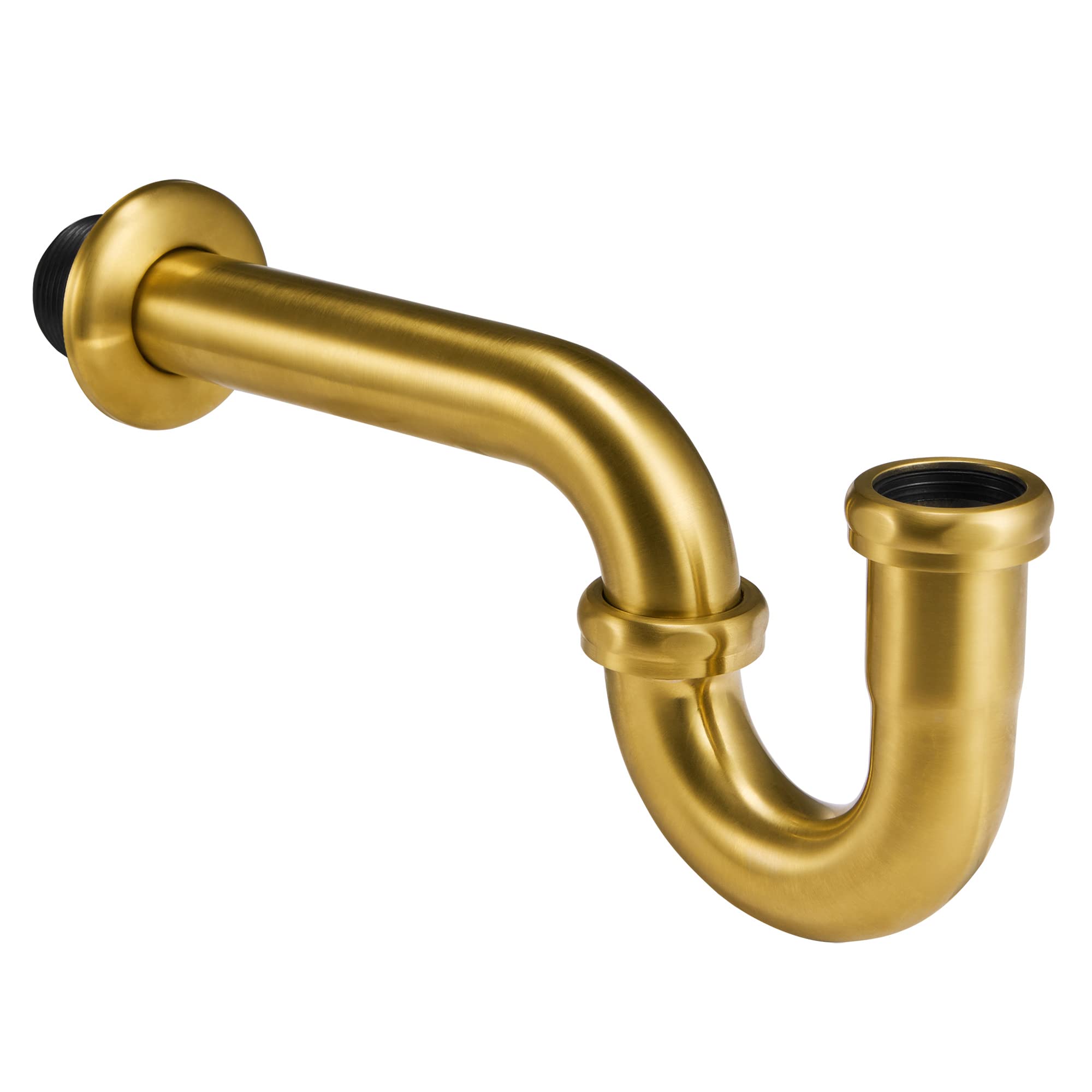 Photo 1 of 18 Gauge Solid Brass P-Trap 1 1/4” OD, Heavy Duty Brass Tubular J Bend Pipe Connector, Decorative Bathroom Basin Sink Waste Trap Drain Kit with Flange and Gasket Washers, Brushed Gold