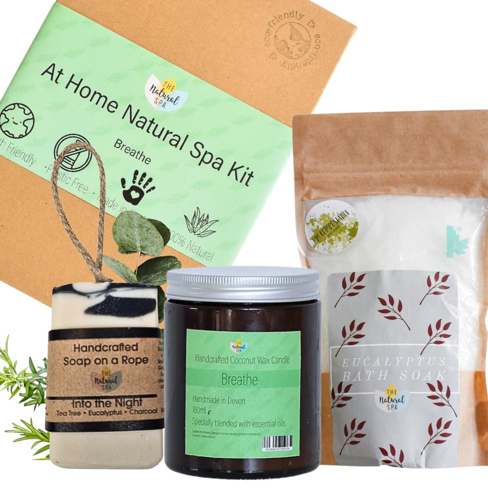The Natural Spa New Mum Pamper Kit - Self Care Gifts for Women - Vegan Relax Hamper with Bath Soak, Soap on a Rope, Coconut Wax Candle - Eco-Friendly Eucalyptus Gift Sets for Women (Breathe)