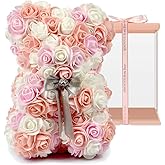 ASENVER Hand Made Artificial Flowers Rose Bear Pure Color for Valentine Birthday and Mother's Day with a 10" Pink Gift Box (Multi Color-Peach Love)