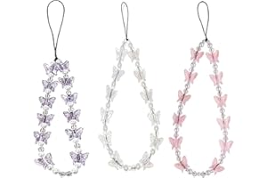 3 Pcs Phone Lanyard Wrist Strap,Crystal Butterfly Pearl Beaded Phone Charm Strap Hand Wrist Lanyard Acrylic Beads Pearl Brace