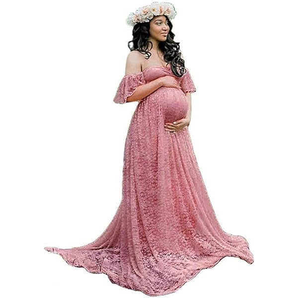 Women's Lace Off-Shoulder Long Maternity Dress Solid Color Lace One Piece  Trailing Pregnant Dresses Plus Size Ruffle Sleeve Pregnancy Gown Photo  Shoot (Baby Blue,Small) at Amazon Women's Clothing store