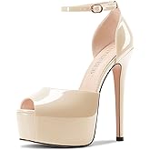 TNYNFBEB Womens Stiletto High Platform Heel Peep Open Toe Sandals Ankle Strap Buckle Prom Party Dress Patent Leather 6.1 Inches Heels