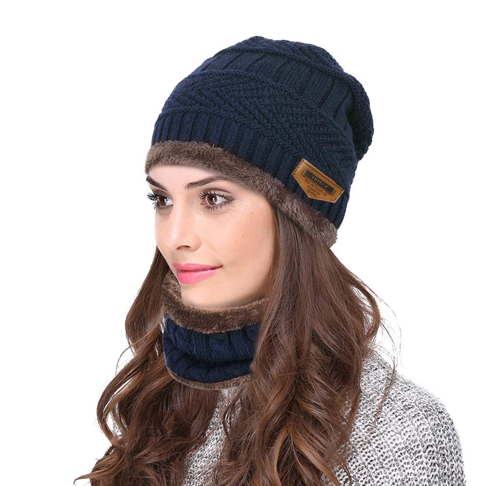 Vbiger Wintermütze Warm Beanie Strickmütze und Schal mit Fleecefutter (Blau-Neu)