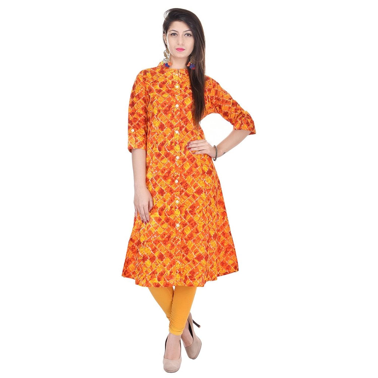 rajmandirfabrics women's cotton straight chinese neck printed kurti (pk1015328_yellow)