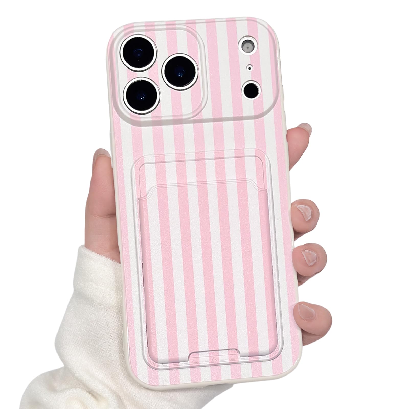 Lovmooful Compatible for iPhone 17 Pro Max Case Cute Aesthetics Color Striped with Card Holder Design for Girls Women Soft TPU Shockproof More Protective Girly for iPhone 17 Pro Max Case-Pink&White