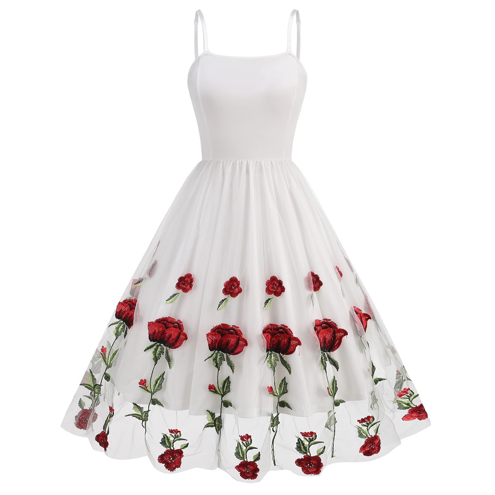 Photo 1 of Sleeveless Spaghetti Strap Embroidered Rose Dress for Women Flower Embroidery Floral Dress for Women Summer Tulle Prom Dress Wedding Guest Evening Party Vintage Cocktail Homecoming Dress White S