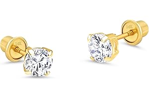 LOVEARING 14k Yellow Gold 2, 3, 4, 5, 6mm Basket Round Cubic Zirconia Children Screw Back Baby Girls Earrings