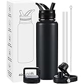 PlanetFlame Insulated Water Bottles with Straw 40 oz Leak Proof, Vacuum Insulated Stainless Steel Sport Tumbler with 3 Lids Straw, Spout and Handle Lid for Sports, Gym or Office,Black