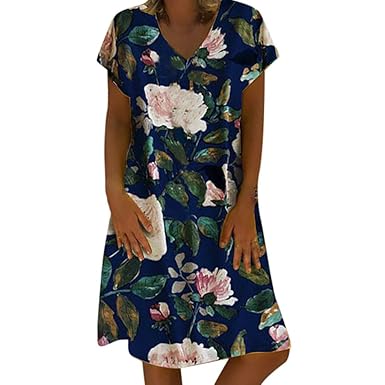 SANFASHION Damen Sommerkleid Baumwolle Leinen Kleider,Kurzarm Blumendruck V-Ausschnitt Strandkleider A-Linie Boho Knielang Kl