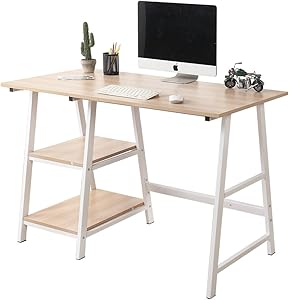 Soges 47 Inch Computer Desk Trestle Desk Writing Desk Home Office Desk Hutch Workstation with Shelf Storage Desk, White Oak CS-Tplus-120MO