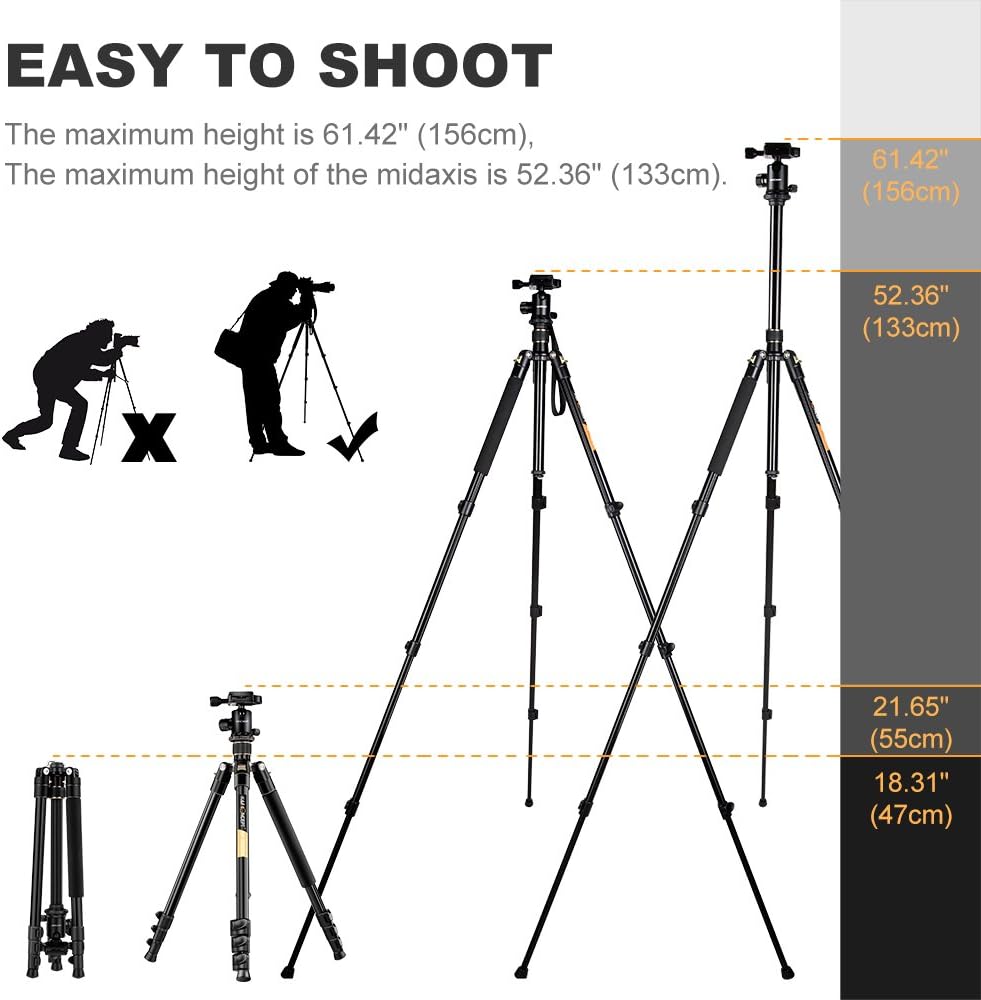 K&F Concept 62'' DSLR Tripod, Lightweight and Compact Aluminum Camera Tripod with 360 Panorama Ball Head Quick Release Plate for Travel and Work (TM2324 Black) : Camera & Photo