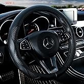 Black Leather Steering Wheel Cover Cowhide Wheel Cover Genuine Leather Steering Wheel Covers Universal Size L / 15.5inch (B-Black-L)