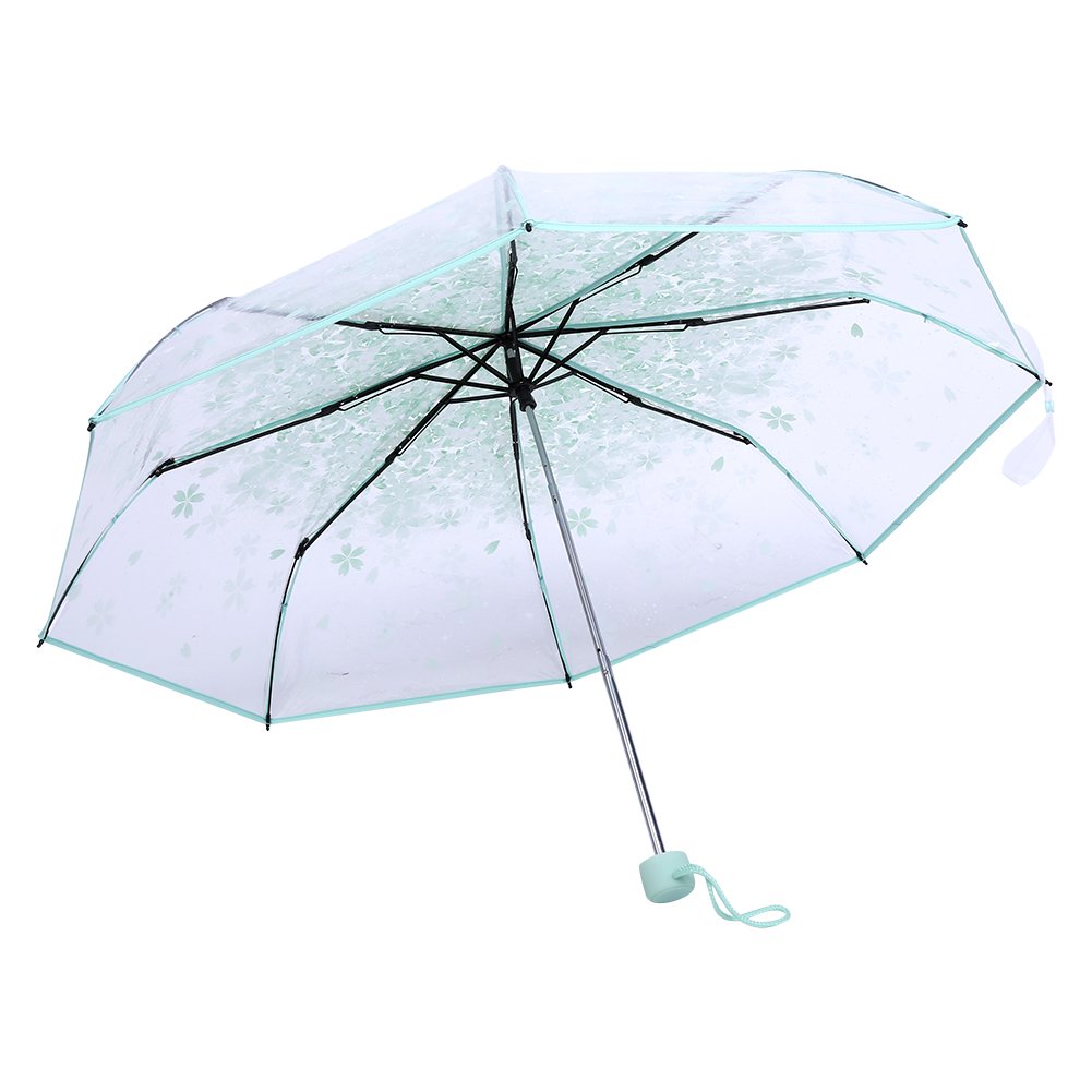 36 Inch Transparent Clear Foldable Umbrellas with Cherry Blossom for Wind and Heavy Rain(Green)