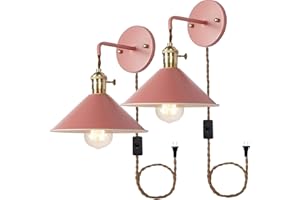 IYOEE Plug in Wall Sconces Set of Two,Rose red Wall lamp with Plug in Cord of 2 for Bedroom Hanging Wall Lights E26 Edison Brass lamp Holder with Frosted Paint Body Bedside lamp