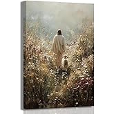 Frswuset Jesus Lamb Paintings Canvas Wall Art Vintage Leaves the 99 Sheep Jesus Prints Christ The Good Shepherd Pictures Art for Gallery Church Home Decoration 12X16in
