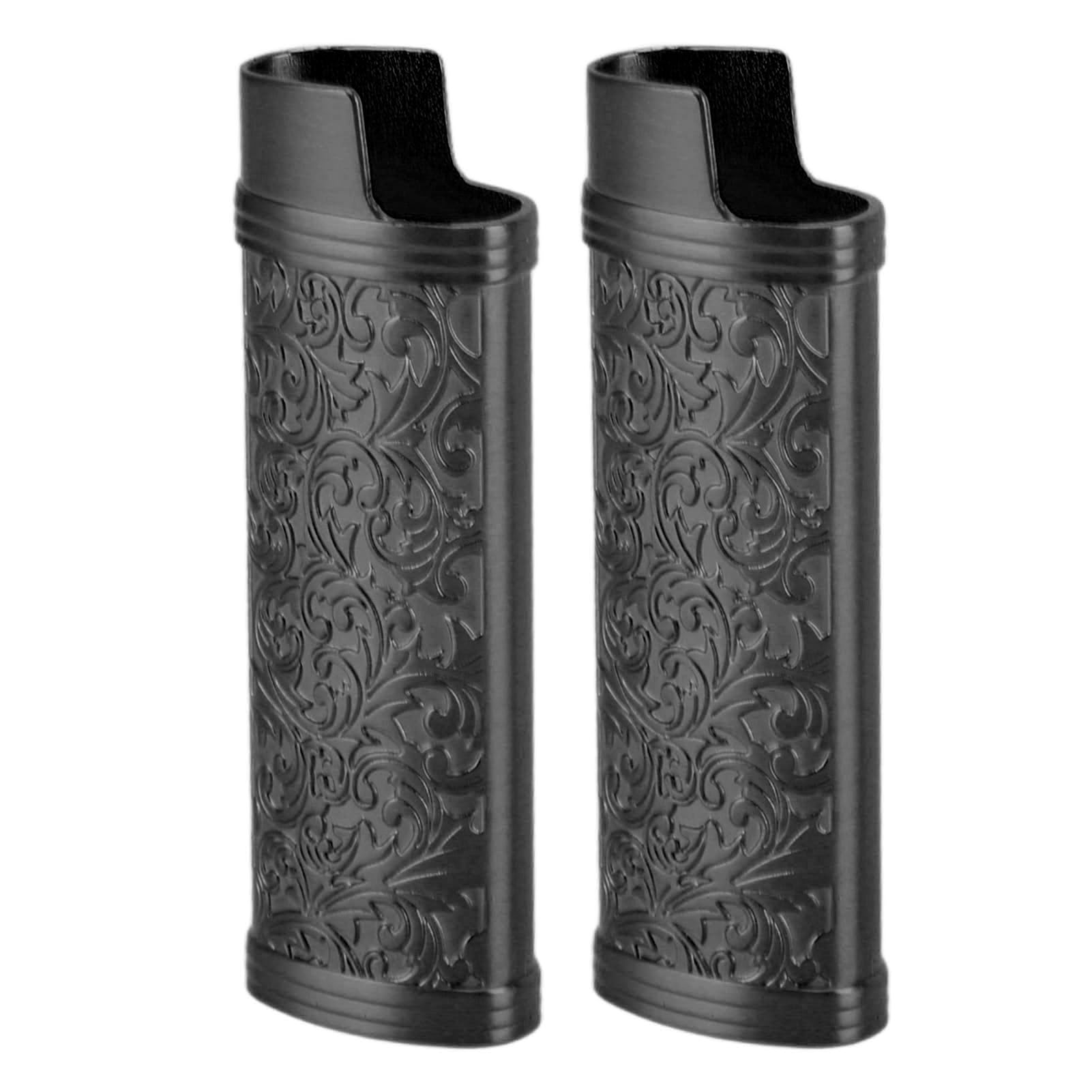 2 Pcs Metal Lighter Case Cover Holder with Vintage Floral Stamped, Zinc Alloy Shell Lighter Sleeve, Vintage Style Lighter Case Cover for Lighter Protection, Camping (Black)