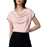 Mettclasi Women's Silk Satin Cowl Neck Short Sleeve Top, Elegant Dressy Casual Summer Blouse Shirt Solid T-Shirt