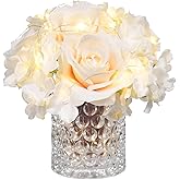 GreenHouzz Rose Silk Flower Arrangement Artificial Vivid Rose in Glass Vase with LED Light Elegant Centerpiece for Home Wedding Bathroom Table Shelf Decoration (Champagne)