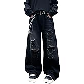 DFGIGT Hip Hop Baggy Jeans for Men with Hole Distressed Wide Leg Skater Jeans Loose Fit Denim Pants Streetwear