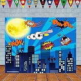 asdfg 5 x 3ft Superhero Cityscape Photography Backdrop and Superhero Party Banner for Kids Birthday Party Decoration, Studio Superhero Photography Background (5 x 3Foot)