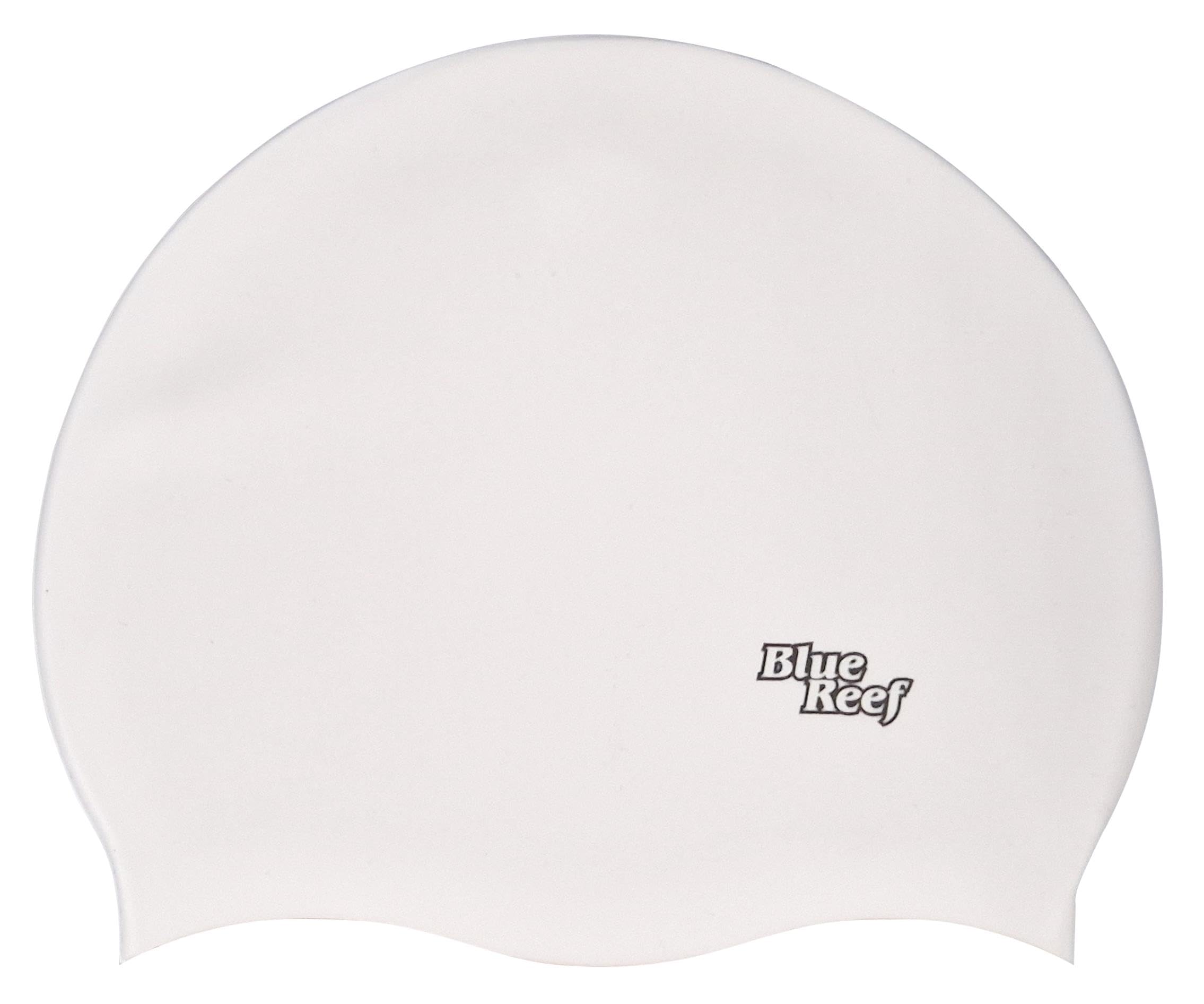 Blue Reef Stretchy Silicone Unisex Women Men One Piece Swimming Hat Swim Cap Plain Branded Fluo Dark Classic Colours One Size Adults 8+ Years Easy Pull On Swim Hat (White)