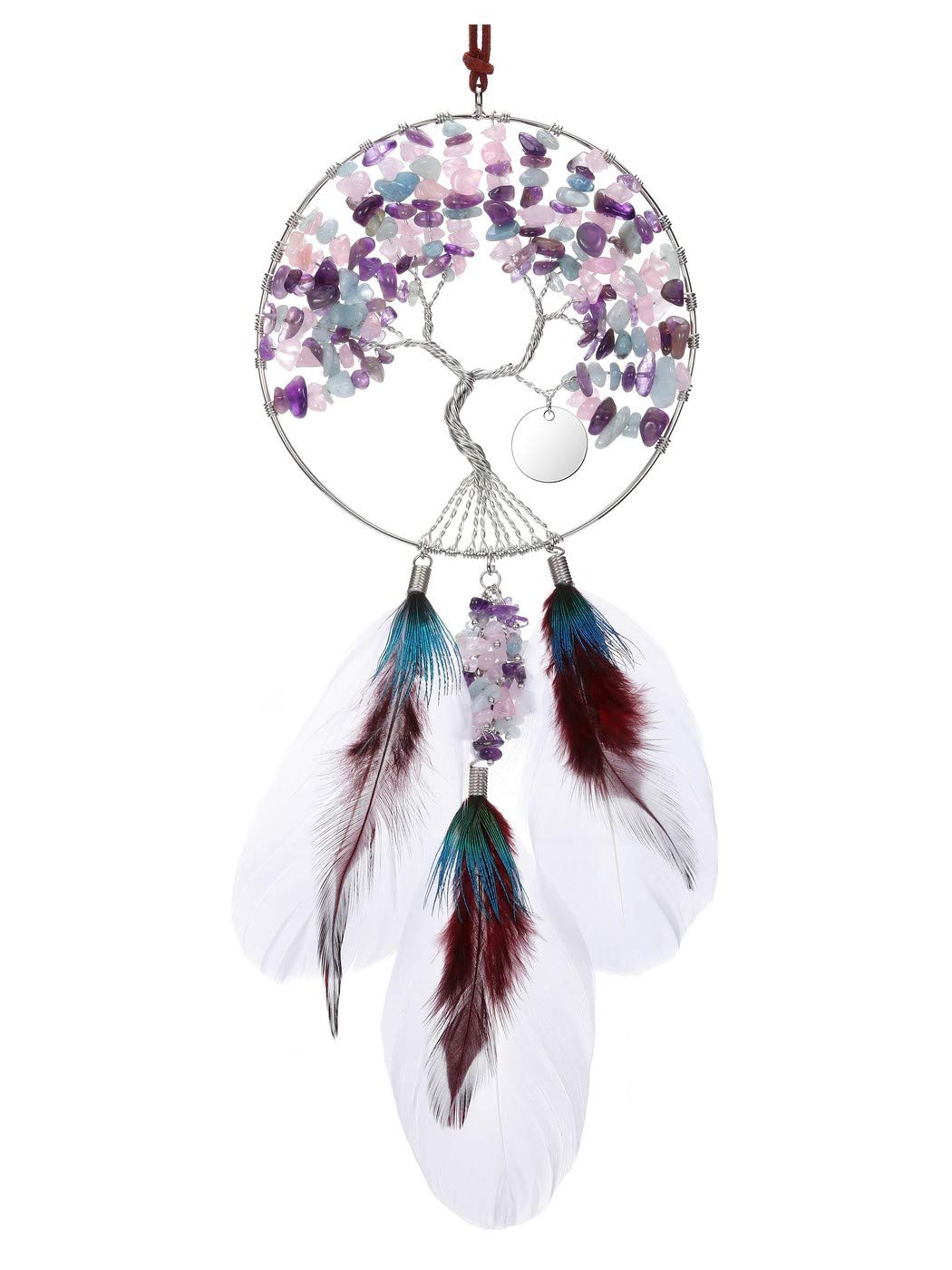 CrystalTears 7 Chakras Tree of Life Window Decoration Hanging Handmade Wire Wrap Tumbled Stones Tree of Life Feng Shui Decoration Gemstone Dream Catcher (Amethyst/Rose Quartz/Aquamarine)