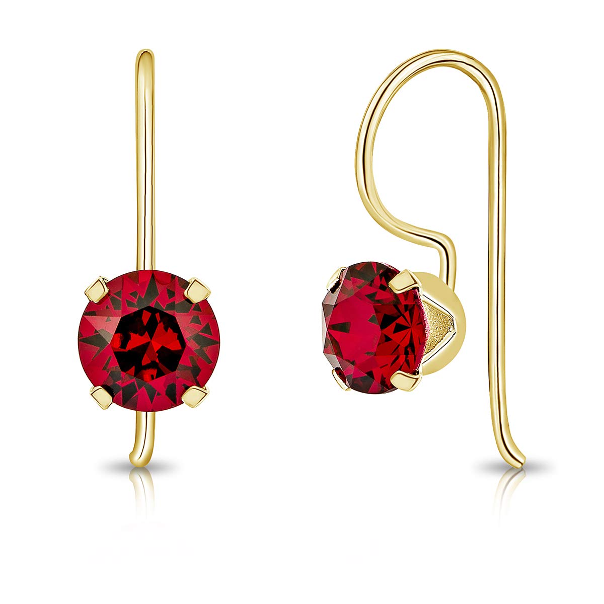 DTPSilver - 925 Sterling Silver Yellow Gold Plated Round Fixed Hook Earrings made with Glittering Crystals from Swarovski® Elements - Diameter: 6 mm - Colour : Ruby