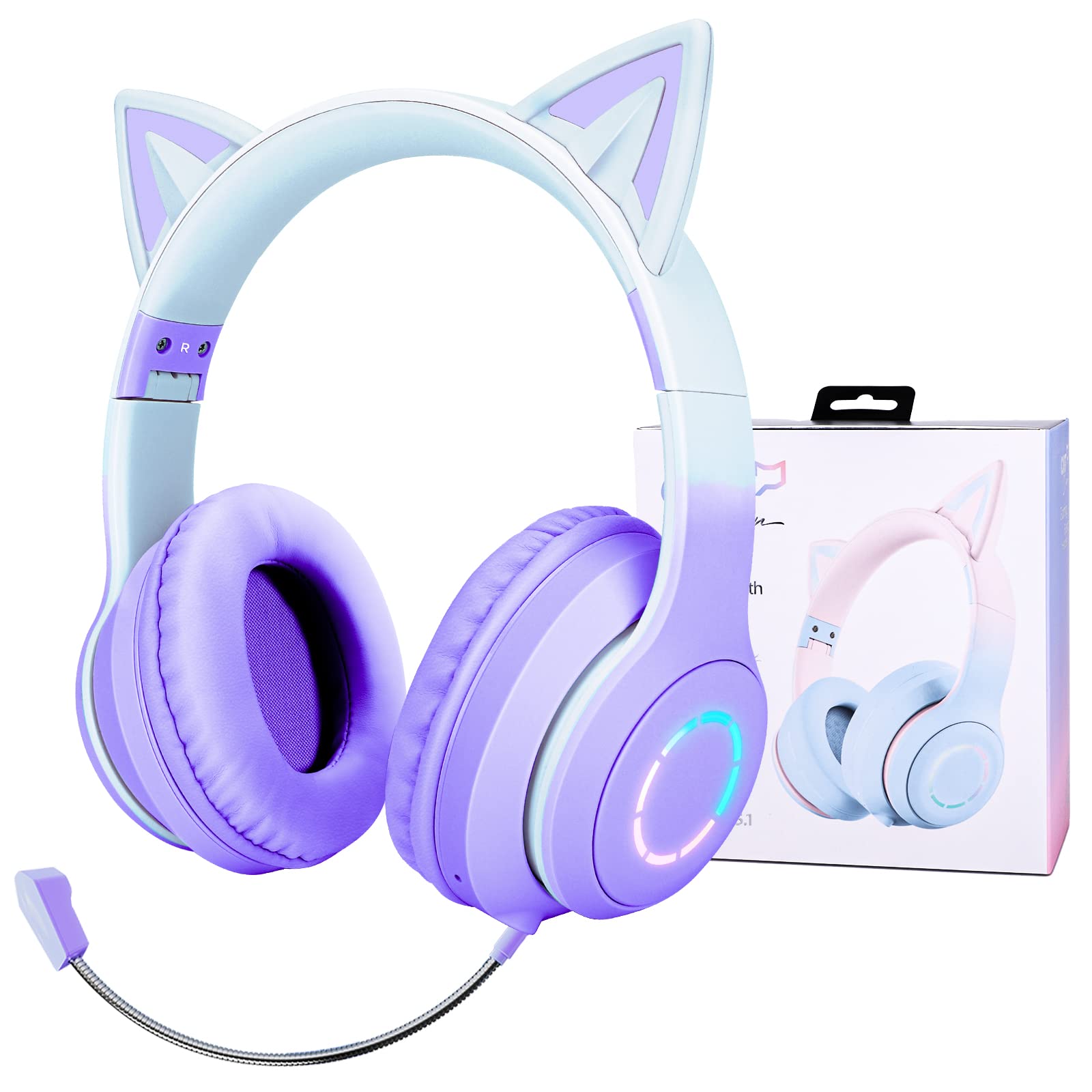 JYPS Kids Wireless Headphones, Bluetooth Childrens Headphones with LED Light and Cat Ear for Girls, Bluetooth Headset with Detachable Noise-cancelling Microphone for Call/Gaming