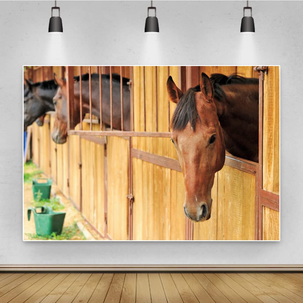 Renaiss 10x6.5ft Horses Backdrop Vintage Western Wooden House Stable Background Cowboy Theme Birthday Party Decoration Horse Barn Cabin Boy Man Equestrian Club Photos Props Farm Events Photo