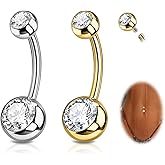 Beautidots 2PC G23 Titanium Belly Button Rings Internally Threaded Navel Barbell Belly Piercing Jewelry 6mm 8mm 10mm 12mm 14mm 16mm of Length to Choose Round Cubic Zirconia Belly Rings for Women Men
