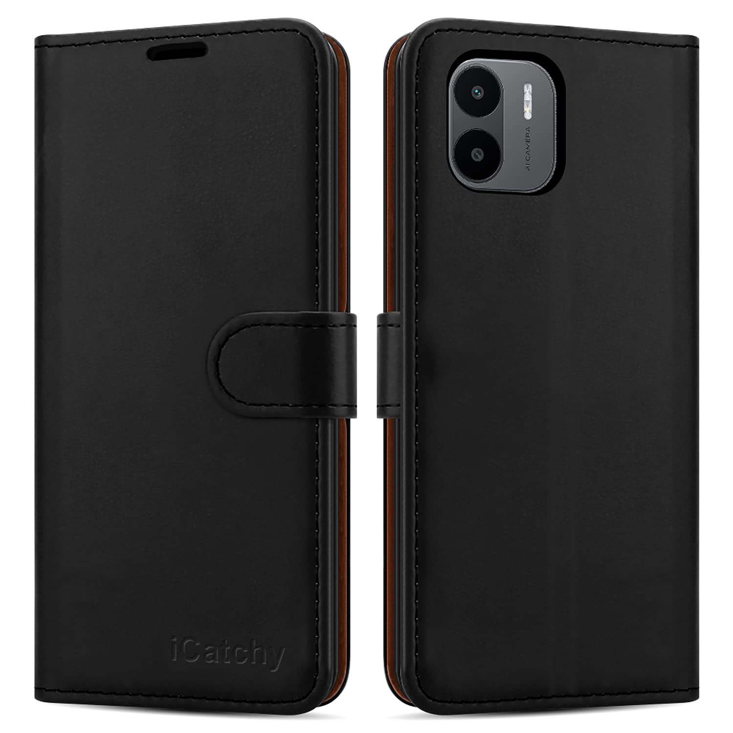 iCatchy for Xiaomi Redmi A1 Case Leather Wallet Book Flip Folio cover with Card Slots and Kickstand View for Xiaomi Redmi A1 Phone (Black)