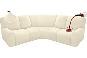 ROFASVCO 100% Waterproof Reclining Sectional Couch Covers Fleece Stretch 5-Piece L Shape Recliner Sofa Cover Washable Non Slip Corner Couch Cover Recliner Slipcovers Protector (5 Seat, Beige)