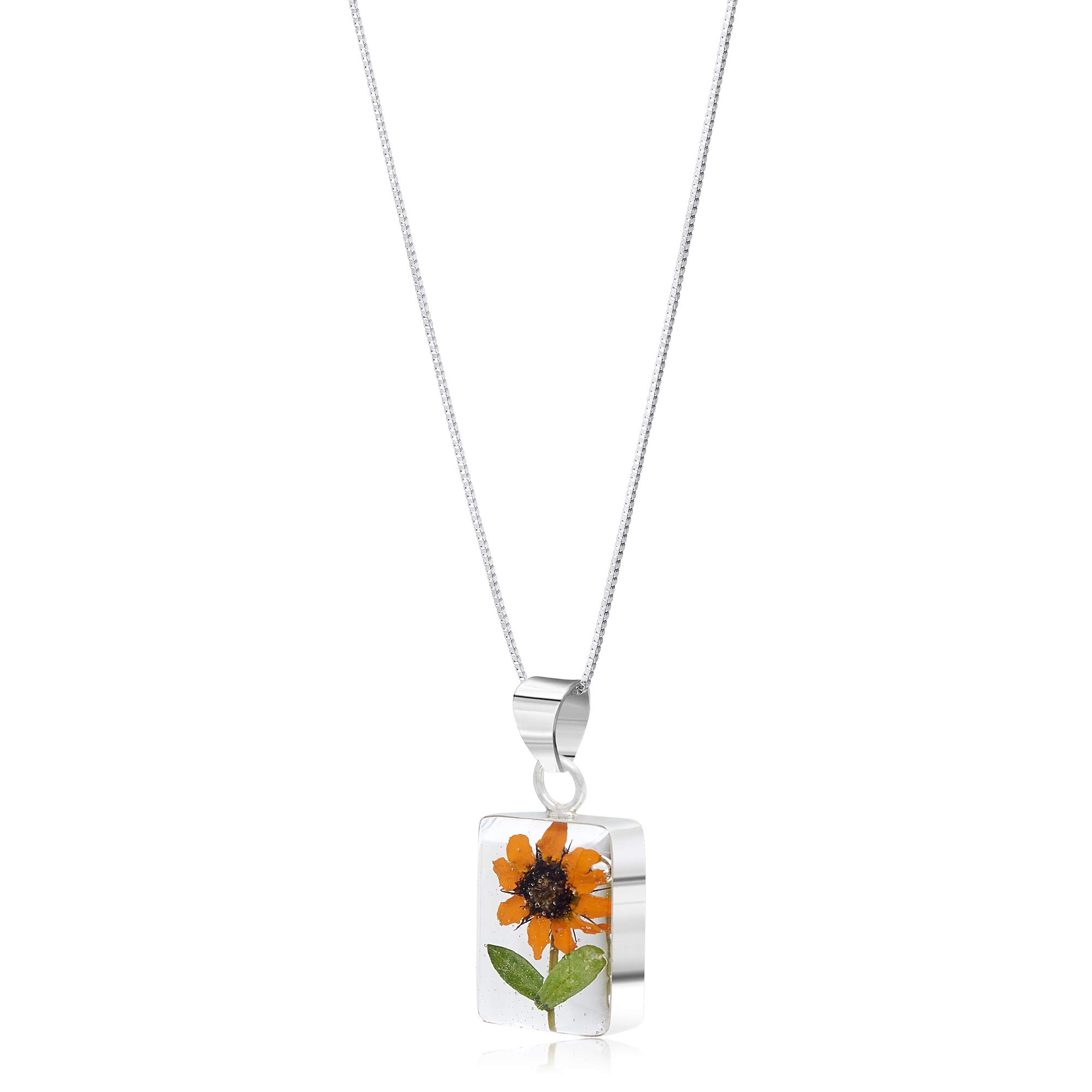 Shrieking Violet 925 Sterling Silver Rectangle Real Flower Pendant Necklace - Sunflower (Yellow)