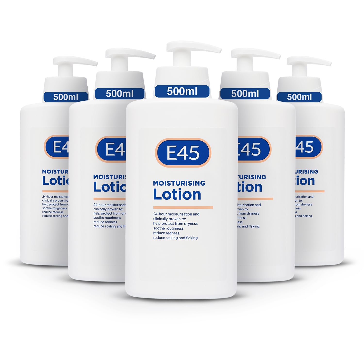 E45 Body Lotion 500 ml x5 Pack – E45 Moisturising Lotion with Pump – Daily Moisturiser for Long-Lasting Hydration for Dry Skin and Sensitive Skin – Protect from Dryness, Reduce Redness and Flaking