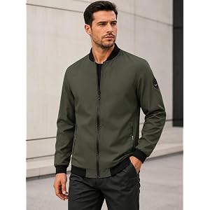 Mens Light Jacket, Casual Bomber Jacket for Men, Full Zip Softshell Stand Collar Baseball Outerwear Coat with Pockets
