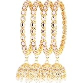 Efulgenz Indian Bangles for Women Bollywood Wedding Party Bracelet Bangles Kundan Crystal Faux Pearl Jhumka Tassel Bracelet Bangle Set Fashion Jewelry for Women (4 Pcs)