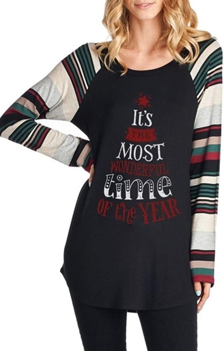 Sherosa Women's Christmas Printed Raglan Sleeve Tunic Tops Shirts