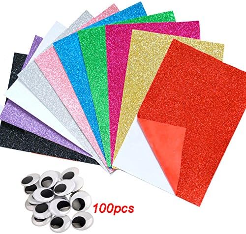 Montout 10pcs/2mm Glitter Foam Sheets Paper Self Adhesive Sticky 8"x12" Back Paper (10 Colors + 100PCS Sticky Eyes )
