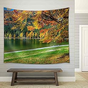 Autumn Forest Landscape and Famous Volcanic Lake in Transylvania,St Anna Lake,Romania,Europe - Fabric Wall Tapestry Home Decor - 51x60 inches