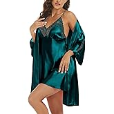 Women's Silk Pajama Sets Satin Robe with Nightgown 2 Piece Sleepwear Sexy Lace Cami Nightwear Kimono Bridesmaid Robes