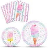 WERNNSAI Ice Cream Plates and Napkins - Ice Cream and Popsicle Theme Party Supplies for Girls Birthday Disposable Tableware Dessert Plates Luncheon Napkins Serves 16 Guests 48PCS