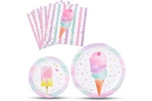 WERNNSAI Ice Cream Plates and Napkins - Ice Cream and Popsicle Theme Party Supplies for Girls Birthday Disposable Tableware Dessert Plates Luncheon Napkins Serves 16 Guests 48PCS