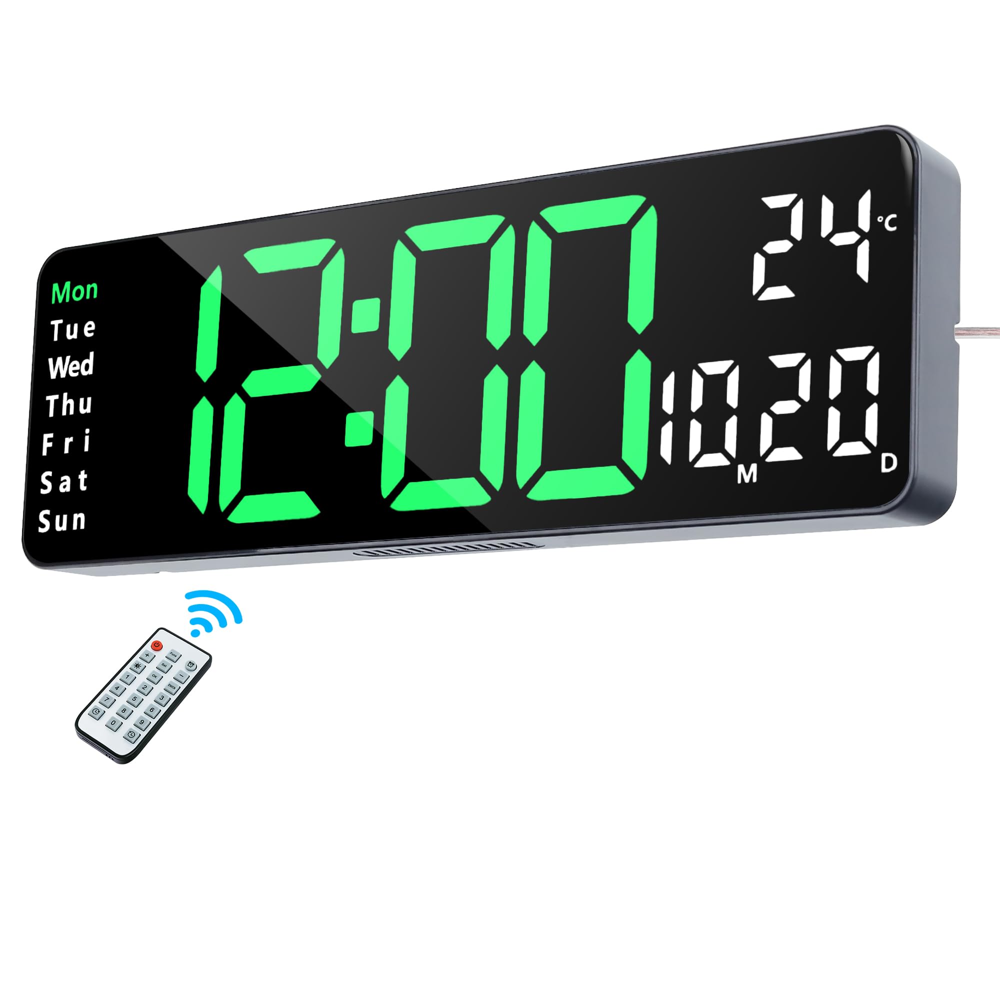 Lafocuse Digital Wall Clock with Remote Control, 13" LED Display Large Digital Clocks with Adjustable Brightness, Countdown & Timer, Temperature, Date for Living Room Home Office Gym Kitchen, Green