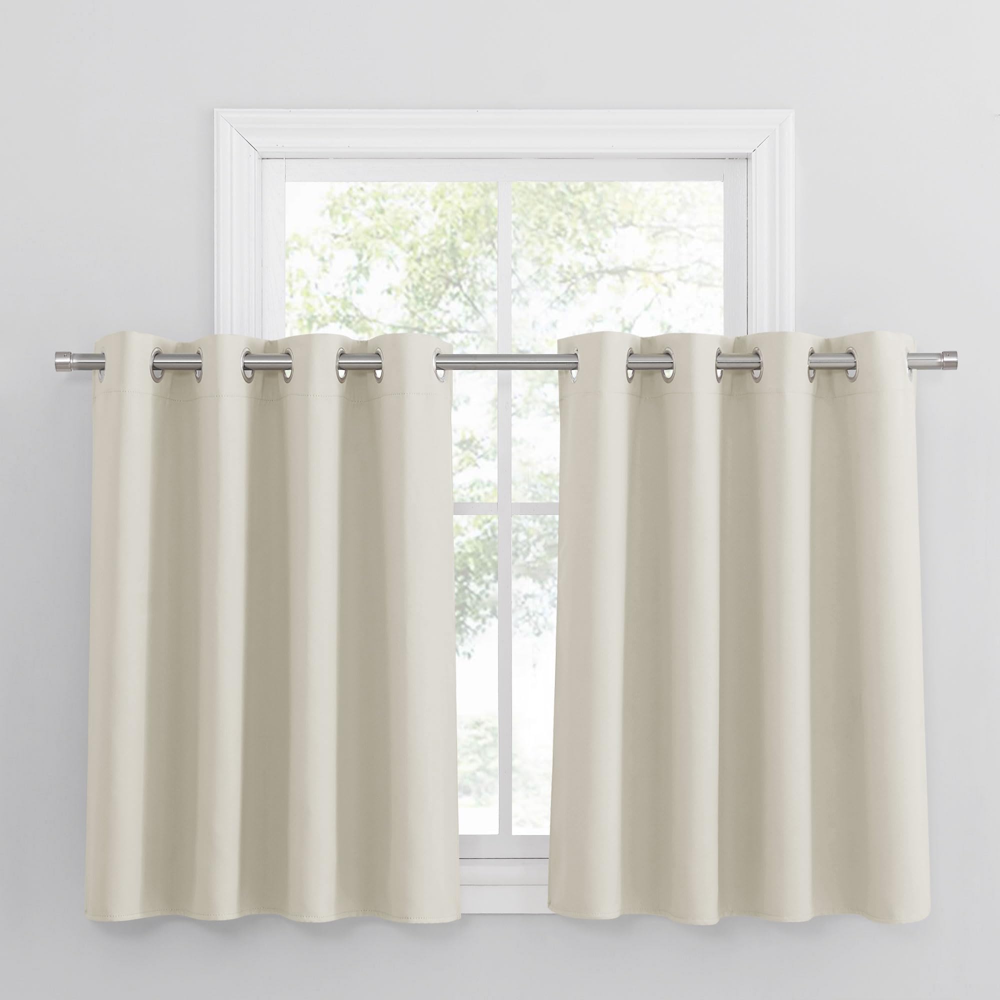PONY DANCE Beige Thermal Insulated Curtains with Eyelet - Short Energy Saving Window Treatment for Home Decor Cream Privacy Protected Drapes for Kitchen/Cafe/Caravan, 52 x 36 Inches, 2 Panels