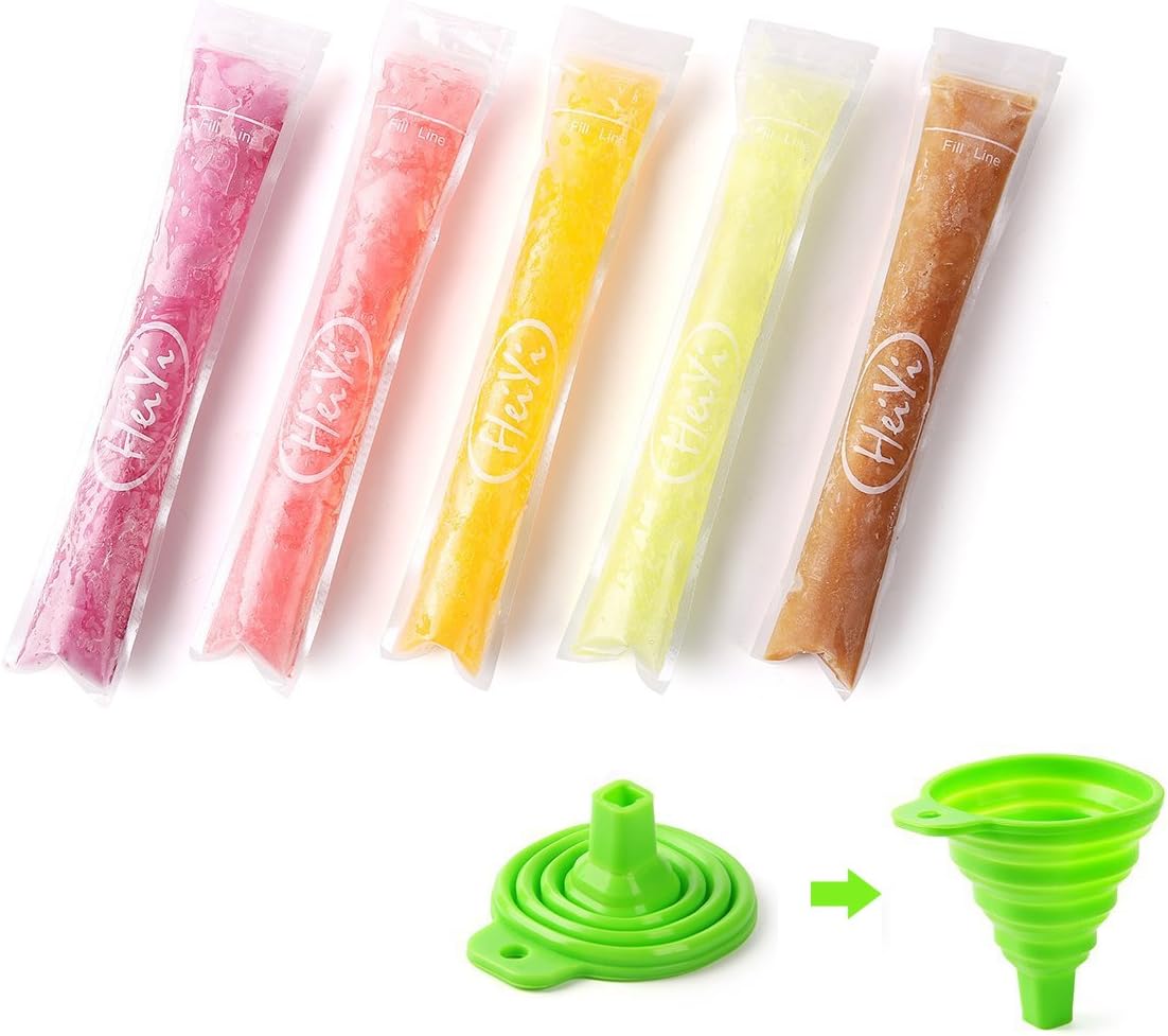HeiYi 100 Pack Ice Popsicle Mold Bags with Funnel and Recipe, 2 x 11” DIY Zip-Top Ice Pop Pouches for Gogurt, Ice Candy or Freeze Pops, BPA Free (Multi)