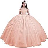 Youjiayi Glitter Tulle Quinceanera Dresses with Train Off Shoulder Beaded Sweet 16 Dresses Pleated Long Ball Gown for Women