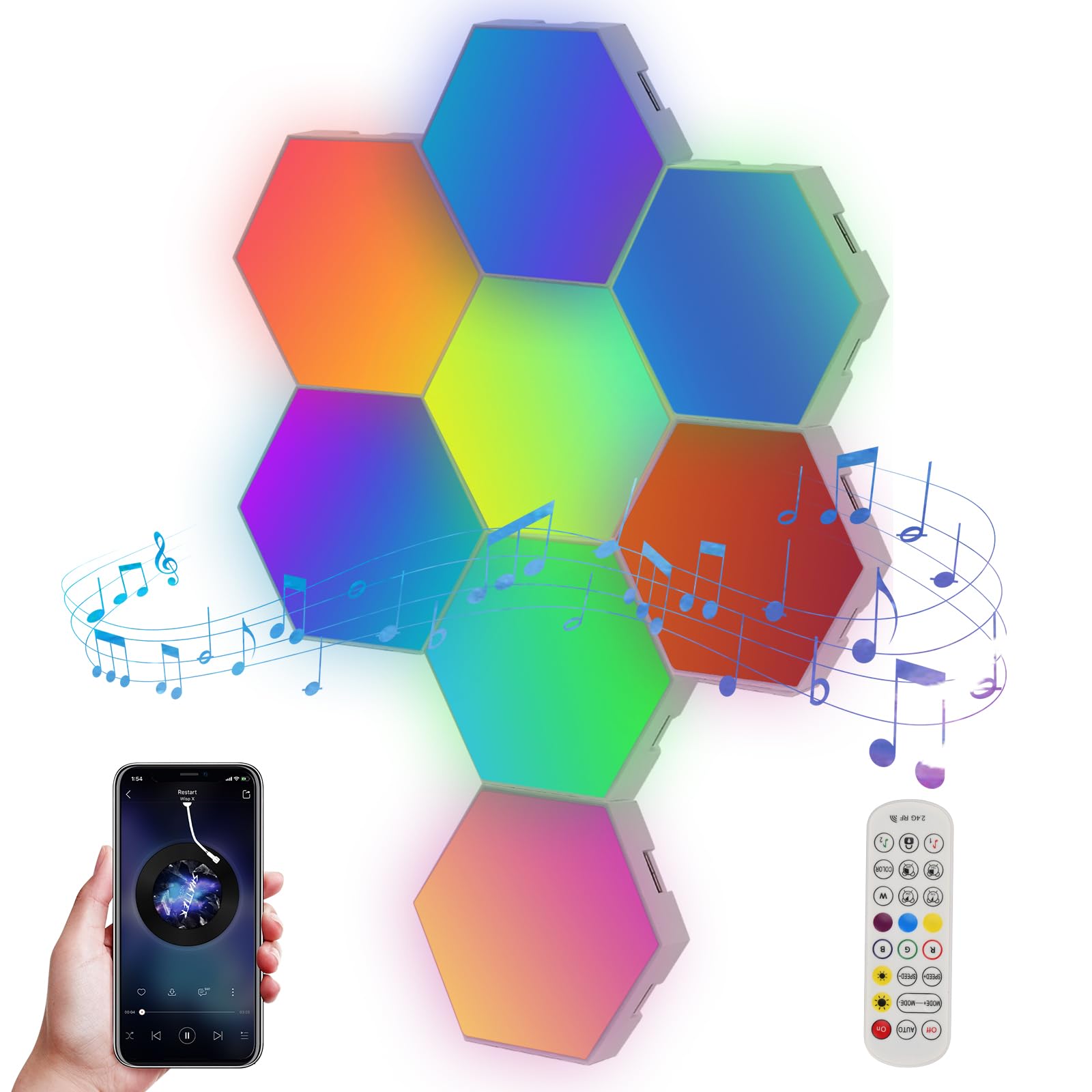 Pagezol Hexagon Lights - 8 Pack RGB LED Lights, App-Controlled Hexagonal Smart Lighting Panels Sync to Music for Room, Bar, Gaming Setup, Bedroom