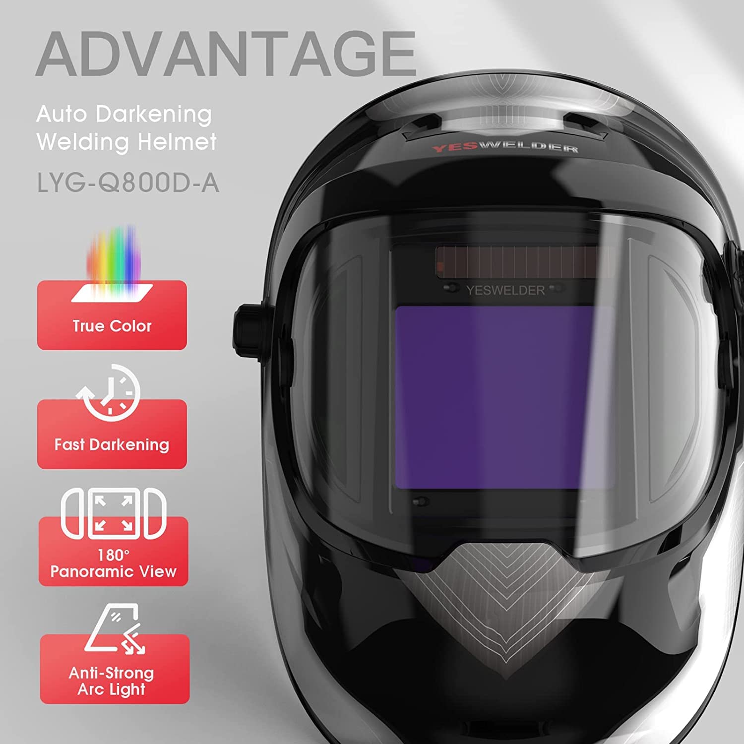 YESWELDER Auto Darkening Welding Helmet with SIDE VIEW, 180° Panoramic View, 1/1/1/1 True Color Solar Powered Welder Hood, Wide Shade 4/5-9/9-13 Welder Mask for TIG MIG ARC CUT and GRIND, LYG-Q800D